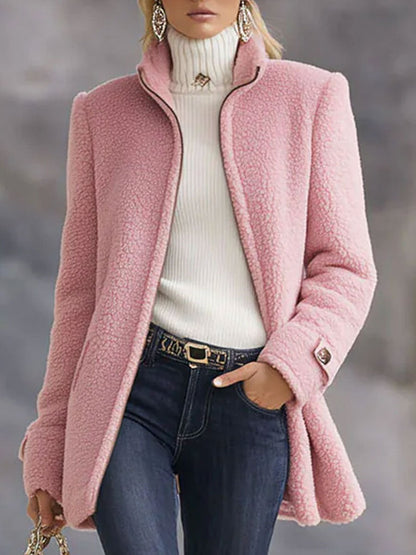 Casual Vintage Pink Polar Fleece Zip-Up Jacket Coat
