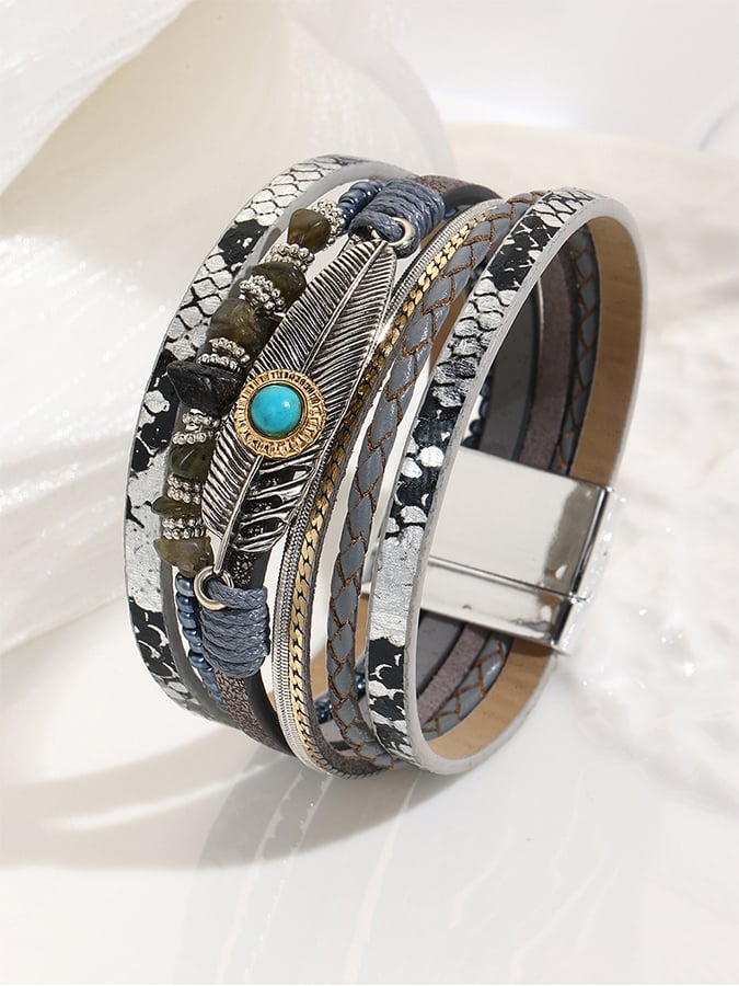 Women's Vintage Bohemian Feather Turquoise Magnet Clasp Bracelet