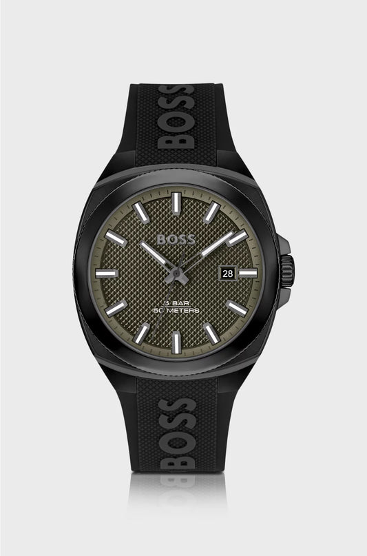 SILICONE-LOGO-STRAP WATCH WITH OLIVE GUILLOCHE DIAL